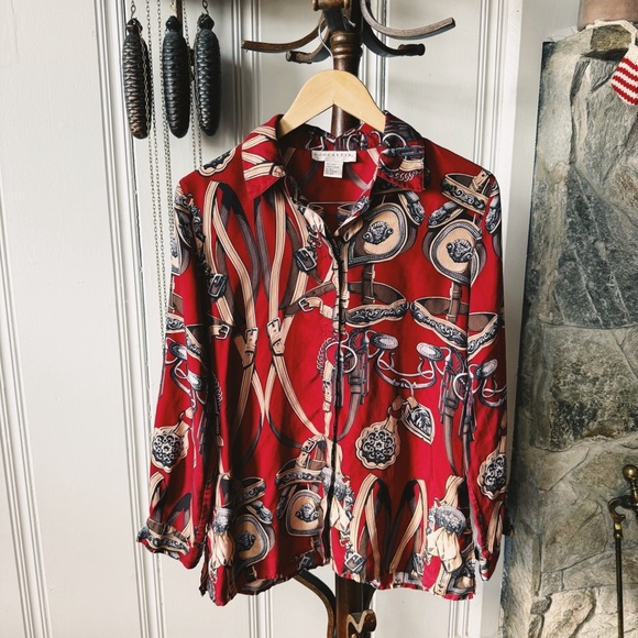 Vintage Tops - Vintage Silk Horse Bit Equestrian Print Red Button Down Blouse
